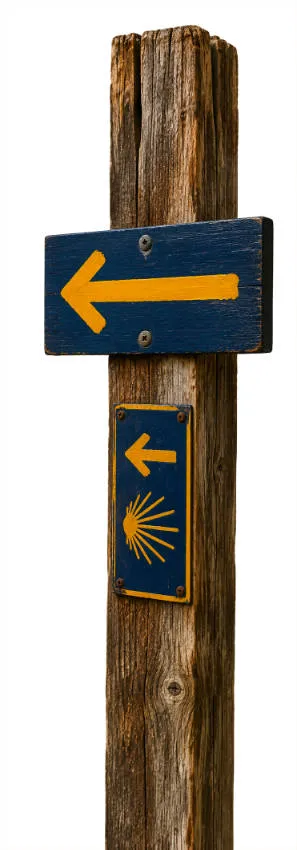 Blue and yellow Camino direction signs on a wooden post